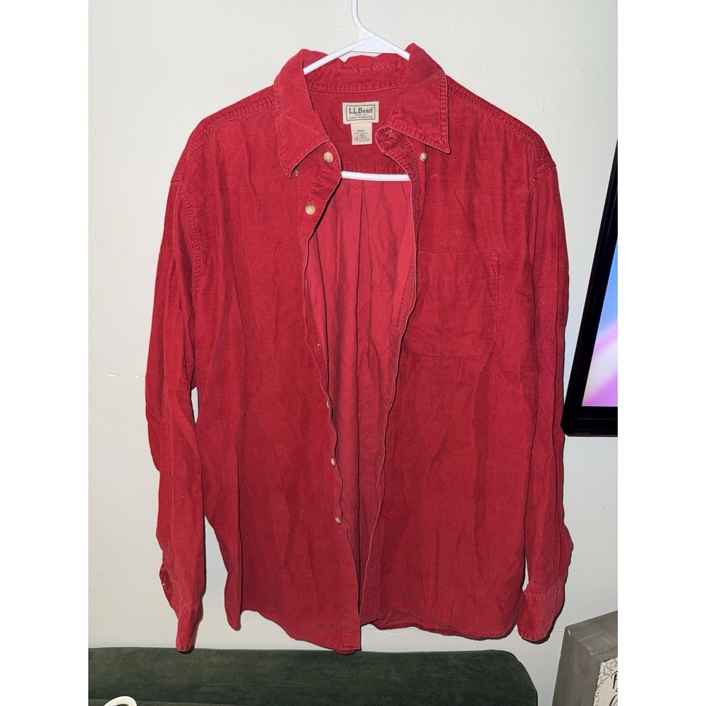 LL Bean Corduroy Button Down Shirt Red Mens Large L Reg Cotton‎